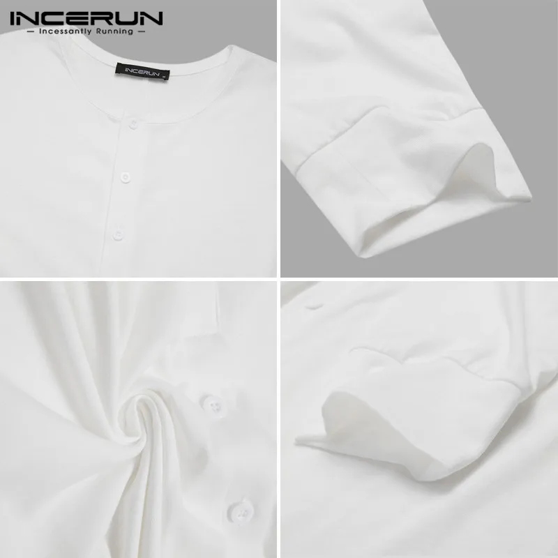 Leisure Mens Summer Pajamas Jumpsuit Solid Nightwear Long Sleeve Button Sleepwear O Neck Fitness Homewear Rompers INCERUN S-5XL