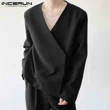 2021 Men Blazer Solid Color V Neck Lace Up Streetwear Korean Casual Suits Men Long Sleeve Autumn Fashion Thin Coats 5XL INCERUN (3)