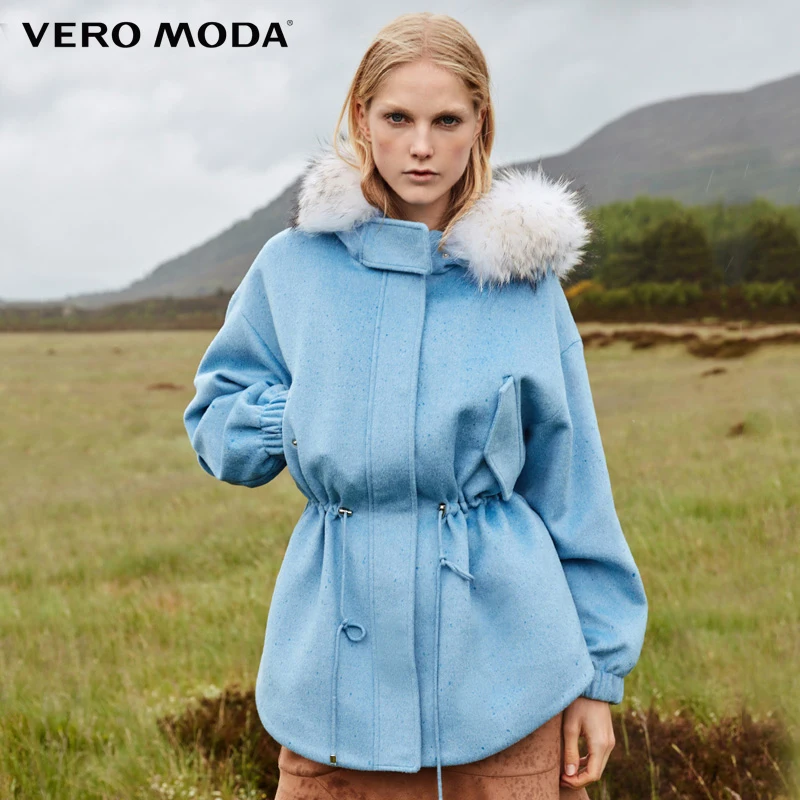 Женское шерстяное пальто с капюшоном и отстегивающимся мехом енота Vero Moda | 318327520