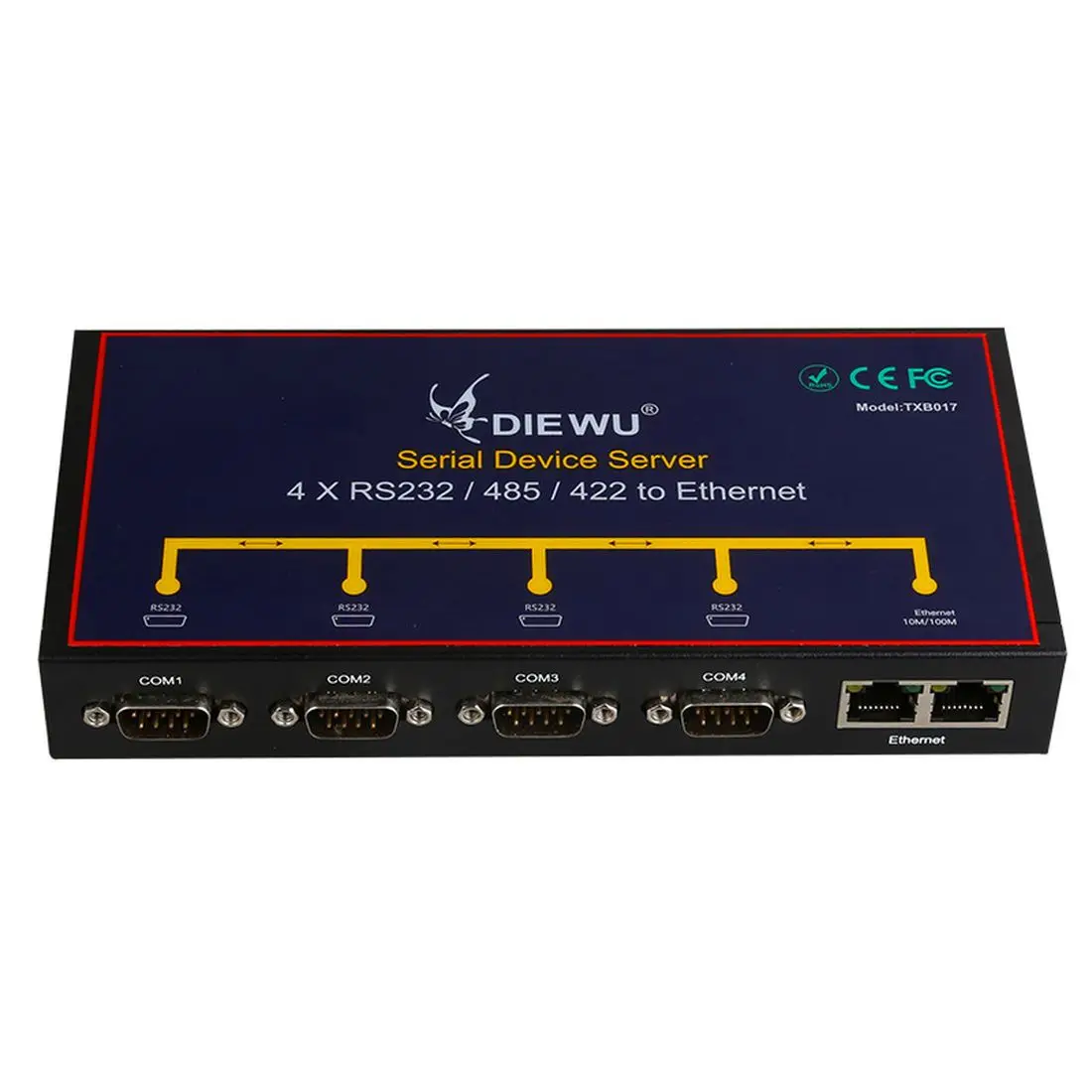 Промышленный серверный преобразователь DIEWU с 4 портами Ethernet в RS232/422/485 поддержка