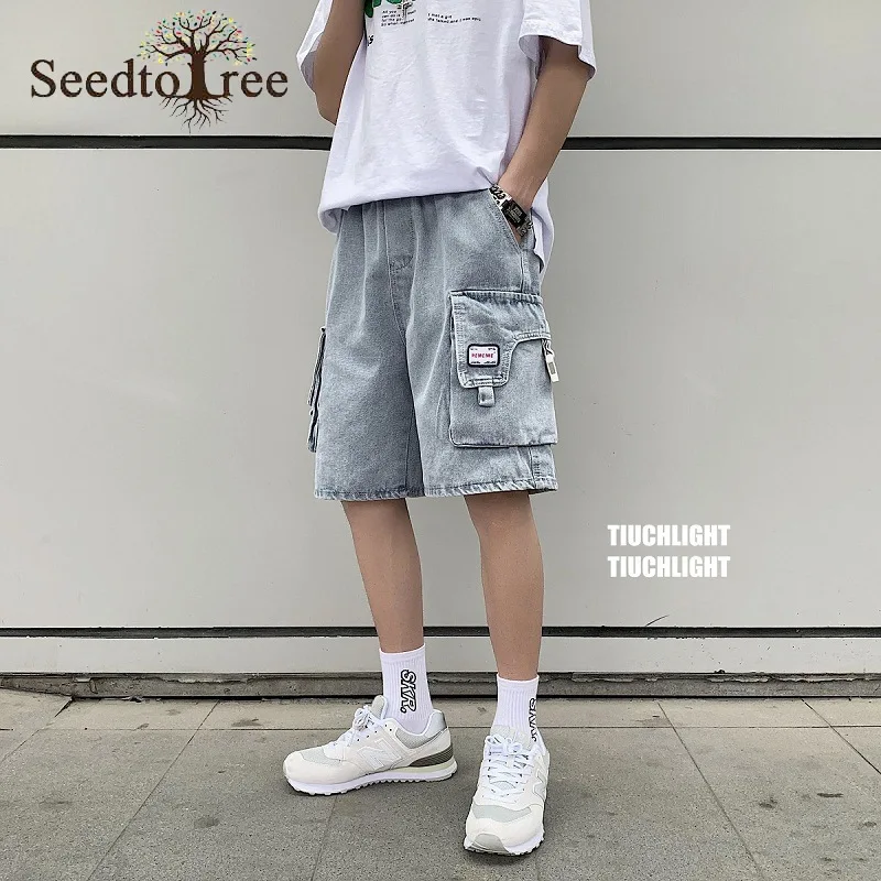 

Summer Men's Denim Shorts Korean Fashion Casual Loose Straight Large Size Tooling Five-point Pants Large Pocket Casual Shorts