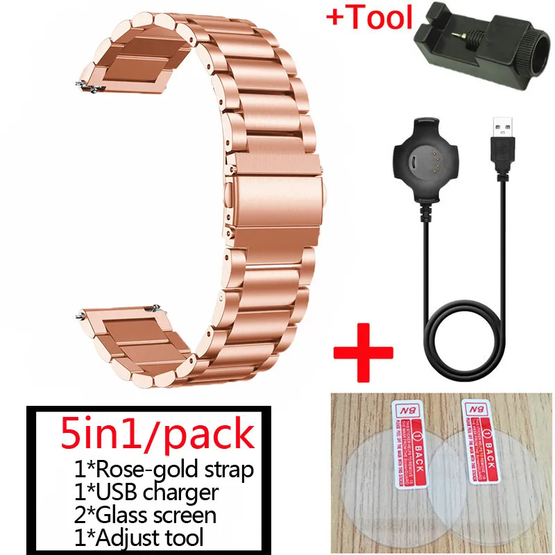 Розовое золото 5в1 для Xiaomi Amazfit Pace металлический ремешок из нержавеющей стали+ USB зарядный кабель+ amazfit pace Защитное стекло для экрана - Цвет: Розовое золото