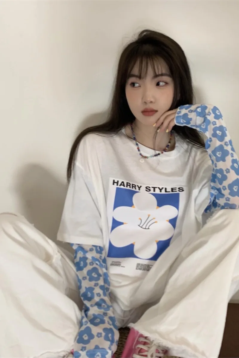 

Sijiqing Lin Hongwu Clothing Tide Brand Women's Wear Thin Flower Fake Two-piece Shirt Sun Long Sleeve T-shirt Korean version