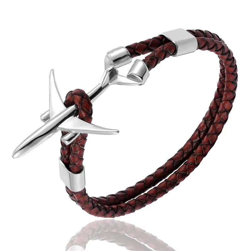 MKENDN Hot Sale Stainless Steel Airplane Anchor Bracelets Men Women Genuine Multilayer Leather Bracelet Freestyle Homme Jewelry