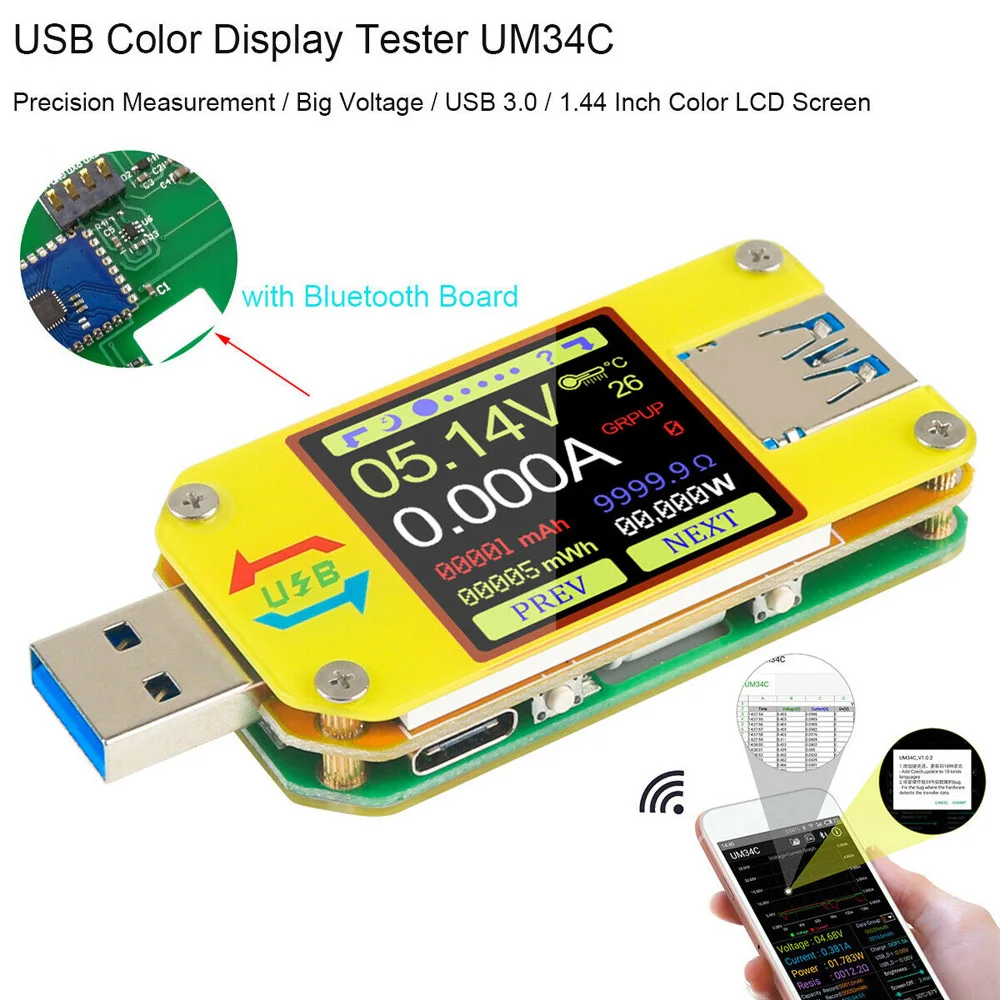 

USB 3,0 тестер UM34C Type-C, мультиметр, тестер напряжения и тока, измеритель, вольтметр, амперметр, цифровой двухсторонний триггер PD 4-24 в 0-4 а