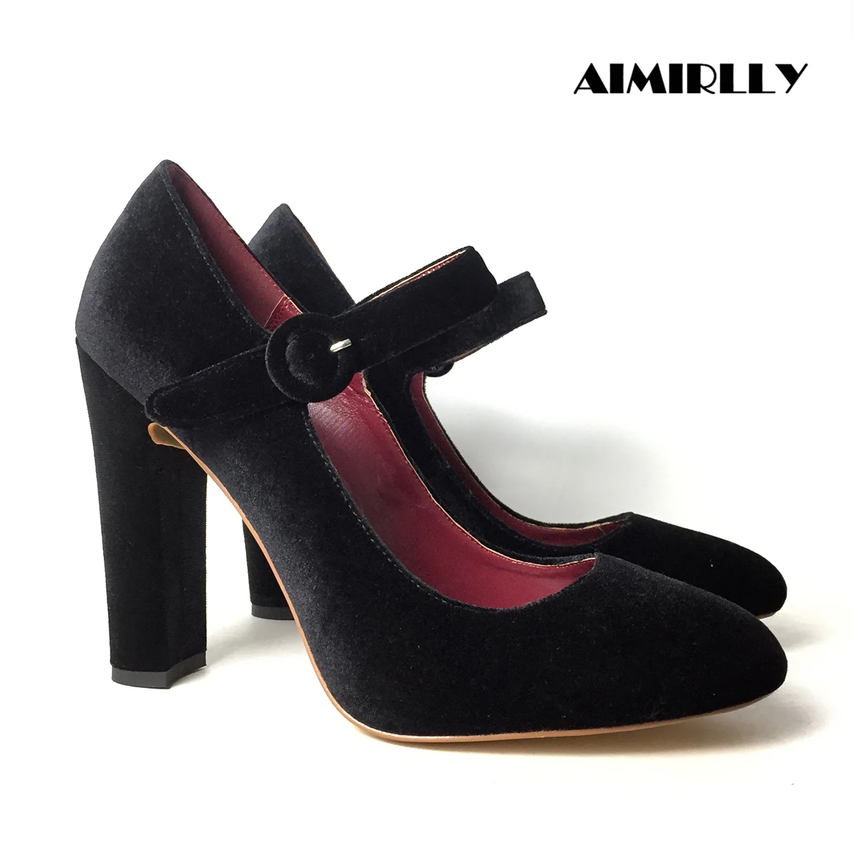 

Elegant Women's Shoes Round Toe High Heels Pumps Block Heel Buckle Strap Ladies Work Career Shoes in Black Velvet Aimirlly
