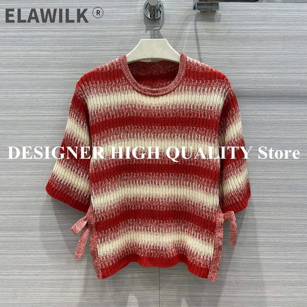 

Top Quality Gradient Stripes Summer Half Sleeve Sweater T-shirt Women's Pullover Side Lace-up Bow Buttons Casual Knitted Jumper