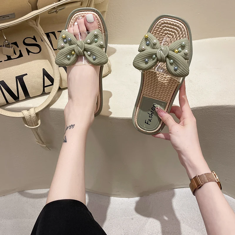 

Flat Shoes Female Slippers Women Summer Slides Butterfly-Knot Pantofle Low Fashion 2021 Luxury Fabric Butterfly-knot PVC Rubber