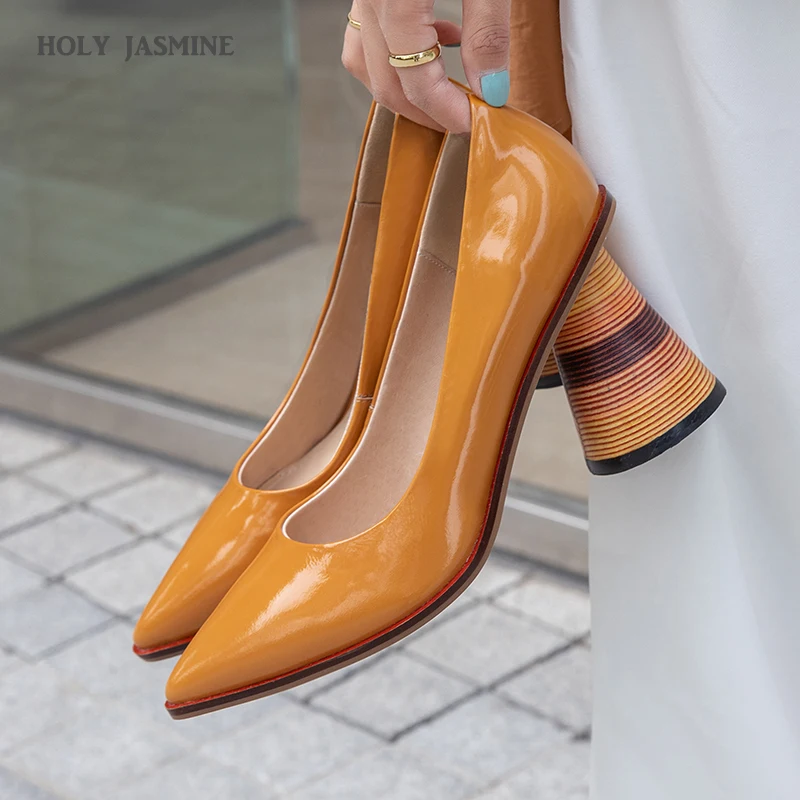 

Unusual Heel High Slip-On Pumps Women Pointed Toe Zip Footwear Patent Leather Shoes Female Mules Shoes Woman Spring 2020 New
