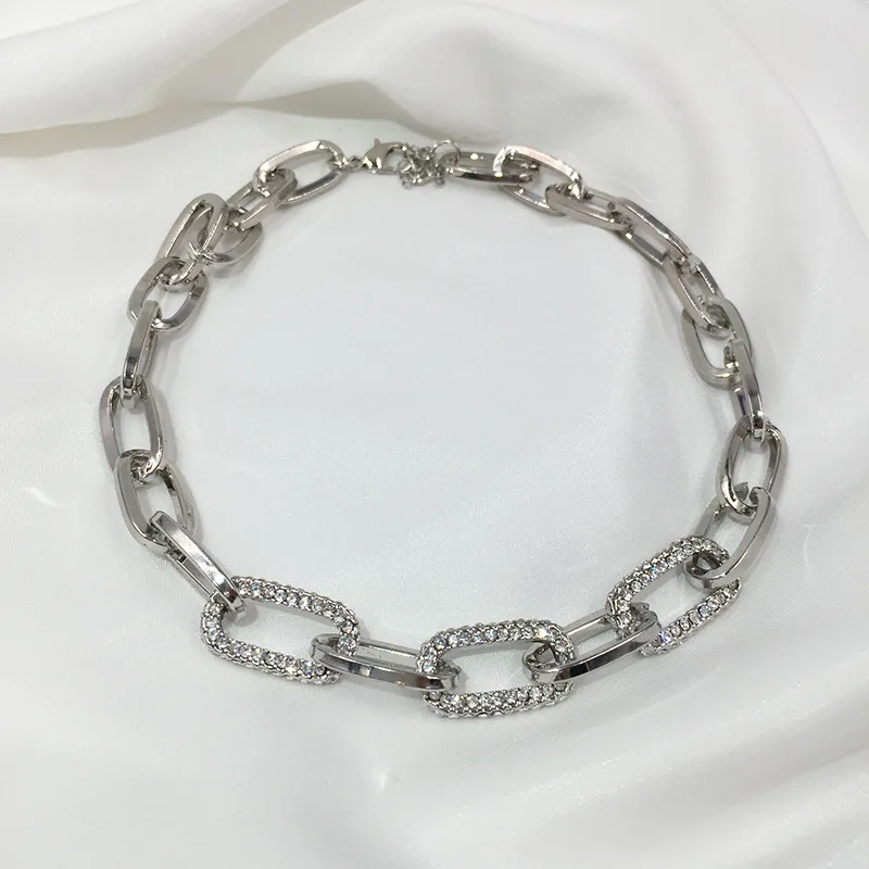 

Punk Miami Cuban Rhinestone Chain Necklace Collar Statement Hip Hop Big Choker Sliver Color Thick Chain Necklace Women Jewelry