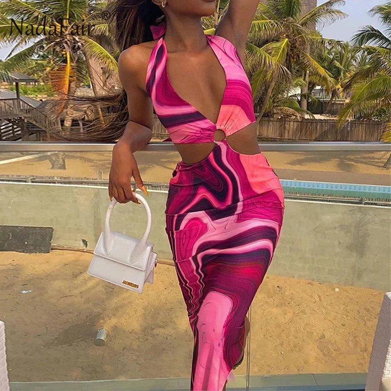 

Nadafair Tie Dye Summer Dress Women Waist Cut Out Backless Halter Robe 2021 Festival Clubwear Bodycon Sexy Party Maxi Dresses