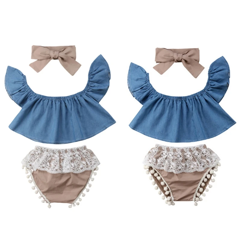 

Todder Kids Girls Clothes Sets Summer Baby Denim Short Sleeve Lace Shorts + Hair Tie Three-piece Outfits Sets