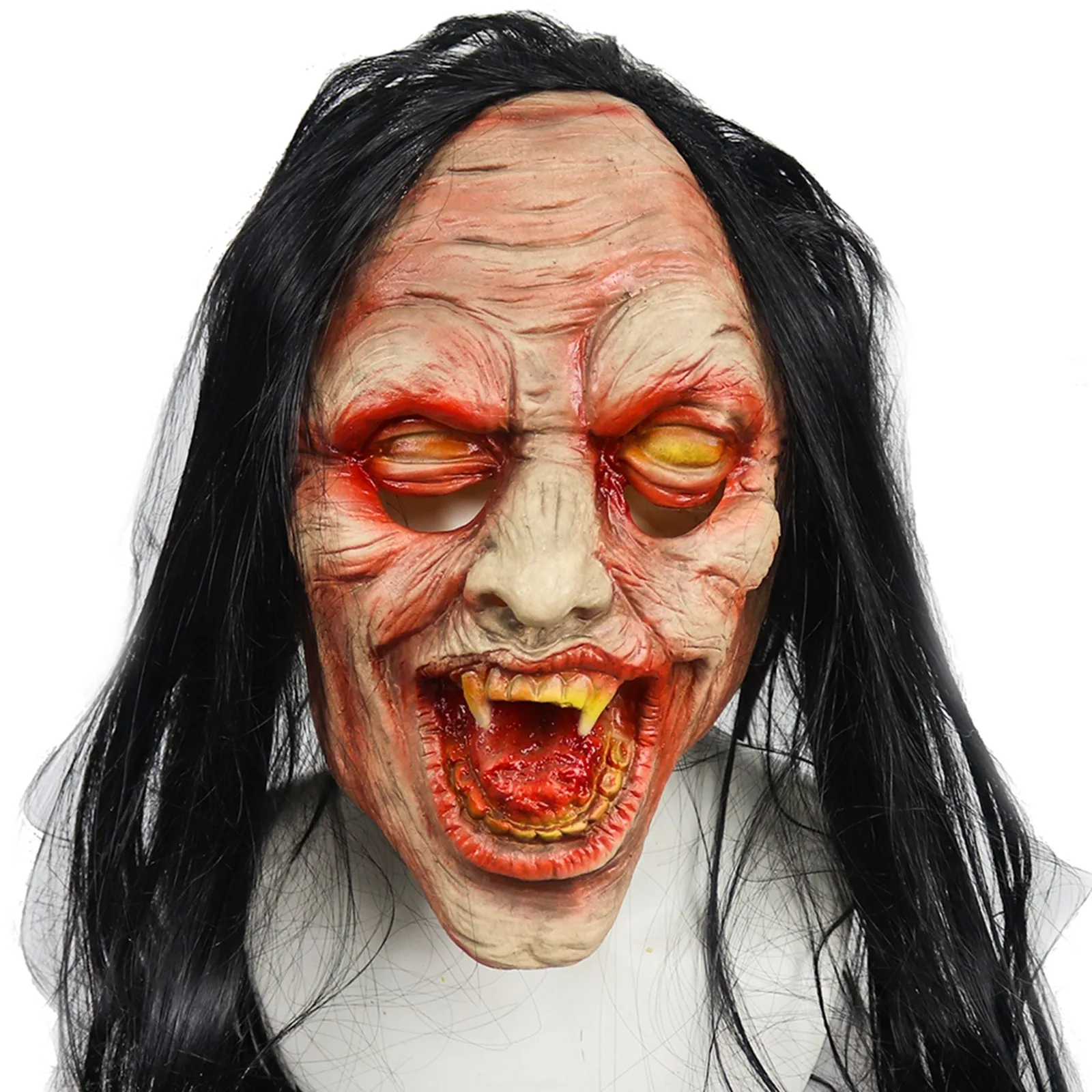

Halloween Horror Zombie Mask Bloody Rotten Face Helmet Black Long Hair Latex Dreadful Headgear Sanguinary Ulcer Decay Decoration