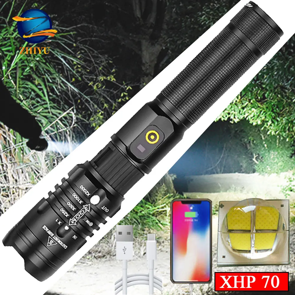 

Светодиодный фонарик ZHIYU Power ful XHP 70, ультраяркие перезаряжаемые фонарики с USB, фонарь с внешним аккумулятором, Светильники для кемпинга, 5 реж...