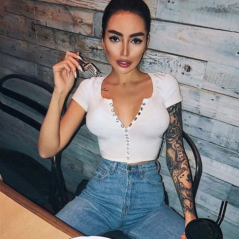 

2021 Fashion Sexy Women Short Sleeve Crop Top Button Vest Halter Casual White Tank Tops Blouse Short Shirt