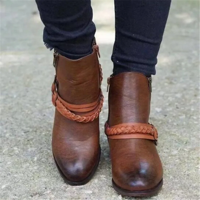 

Dropshipping Women's Female Ankle Boots Shoes Winter Spring Genuine Leather Lace Up Shoes Punk Plus Riding Equestr Large size 43