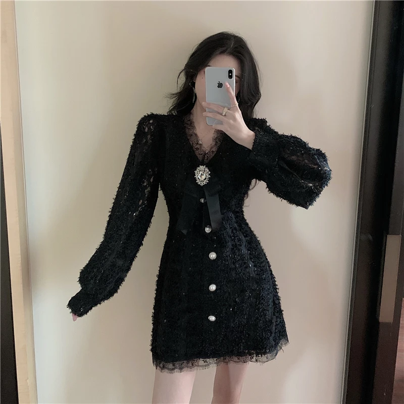 

CBAFU high quality designer runway lace women dress lantern sleeve v neck diamond v neck mini dresses party vestidos M262