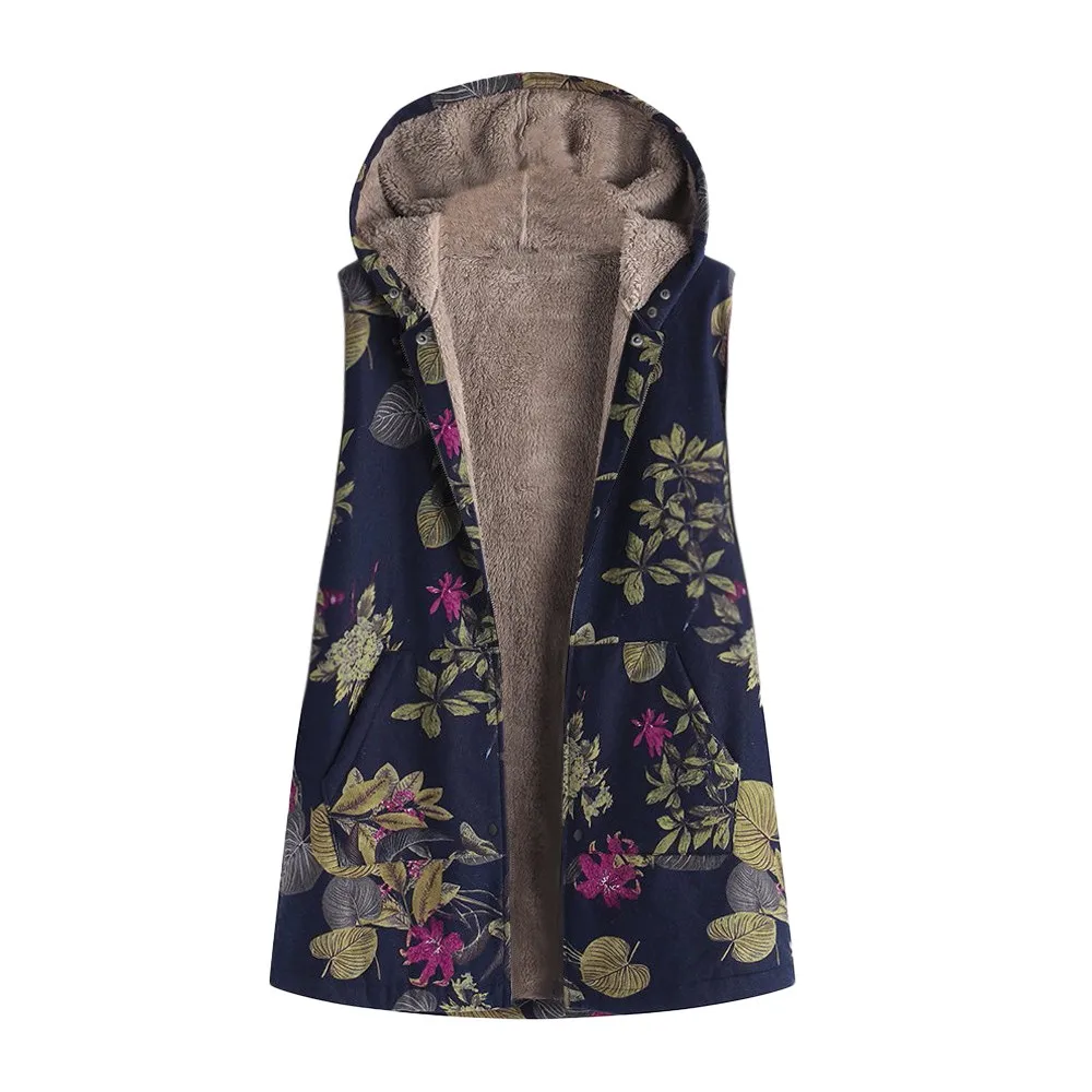 Women Outwear Floral Print Hooded Pockets Vintage Oversize Plush Coats S-5XL Plus Size Female Jacket Winter Warm Overcoat | Женская