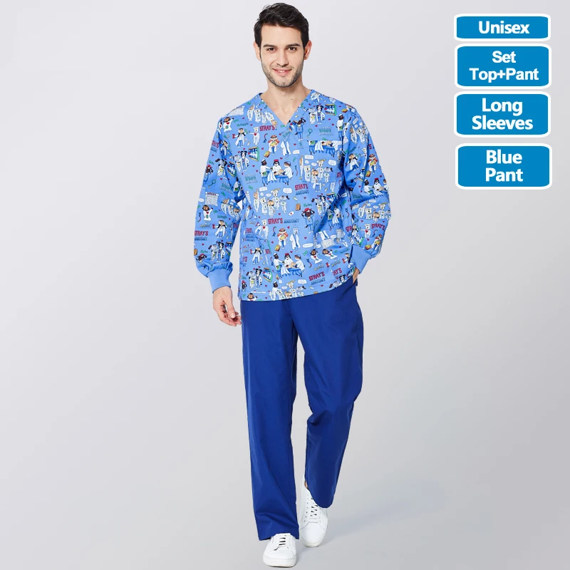 MaoGouYiSheng-Set-L ANNO, короткие рукава, униформа медсестры, медицинская одежда, топ, штаны, хирургическое платье, скрабы для кормления, для женщин, мужчин, больничный костюм, набор - Цвет: MaoGouYiSheng-Set-L