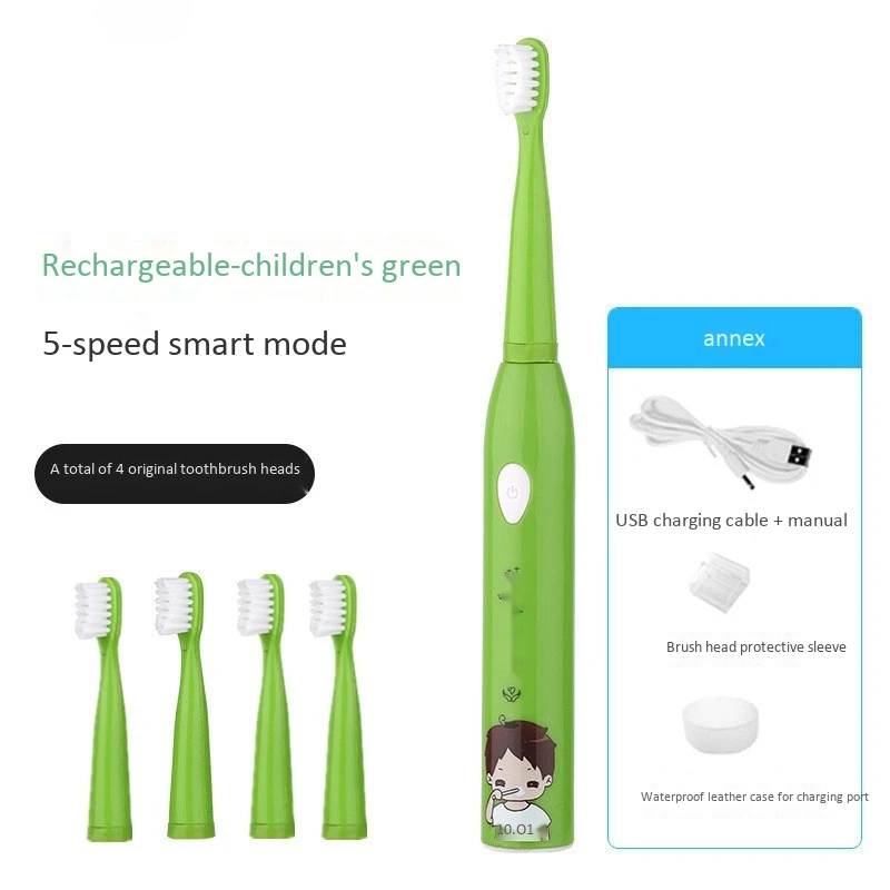

5 Modes Children Electric Usb Charger Cartoon Pattern Kids Waterproof ToothBrush With 4 Replacement Heads
