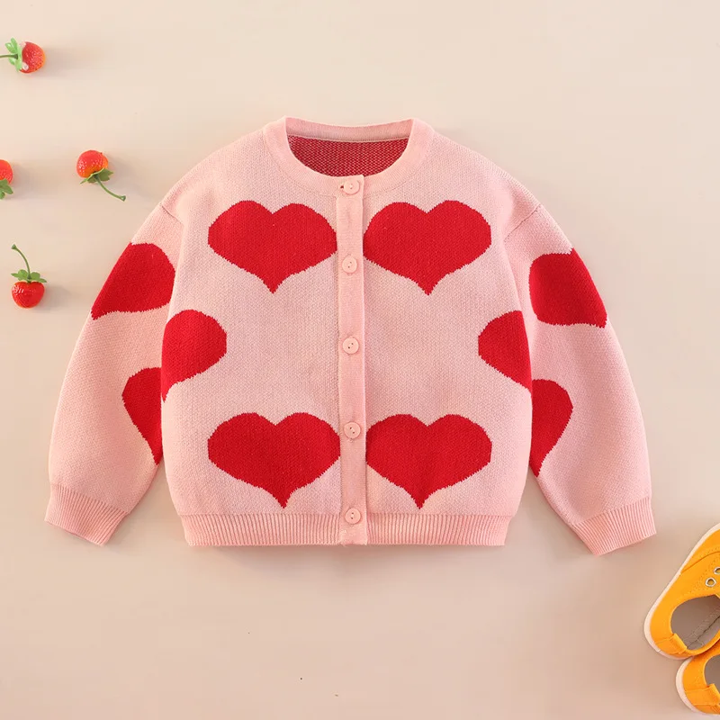 

Autumn Children's Clothing Girls Knit Sweater Cardigan Girl Long-sleeved Sweatshirts Short Red Single-Breasted Love Pattern