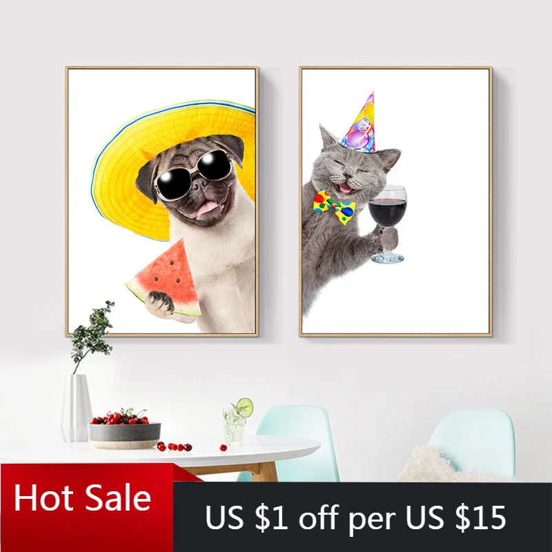 Картина на холсте с изображением милого мопса собаки и кота забавные животные