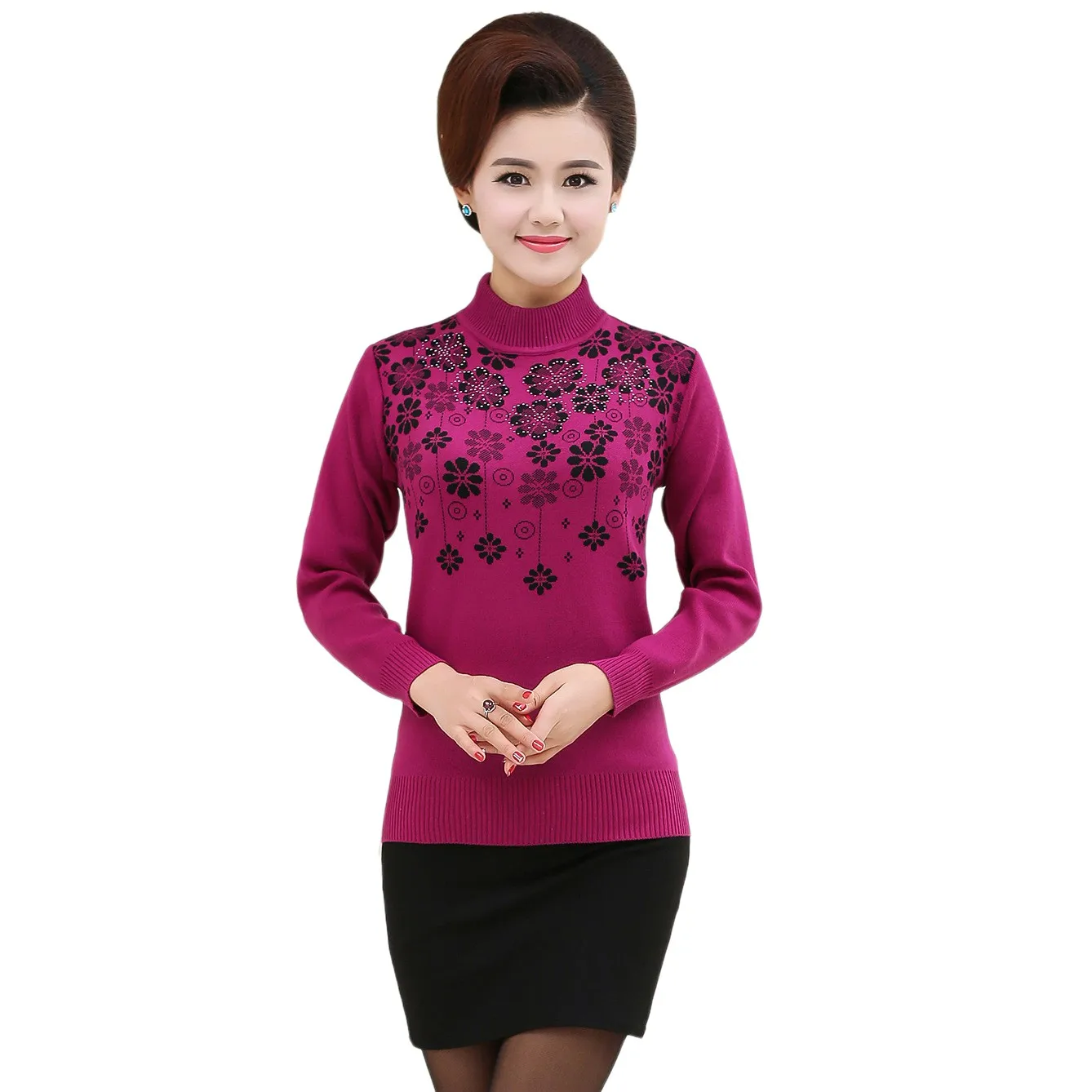 Knitting Mother Clothing Floral New Women's Autumn Winter Turtleneck Sweater Pullover Casual Long-sleeve Knitted Basic Shirt Top | Женская