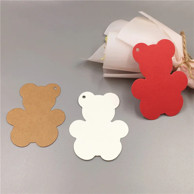 100 шт./лот трехцветные подвесные бирки из крафт-бумаги в форме милого медведя для