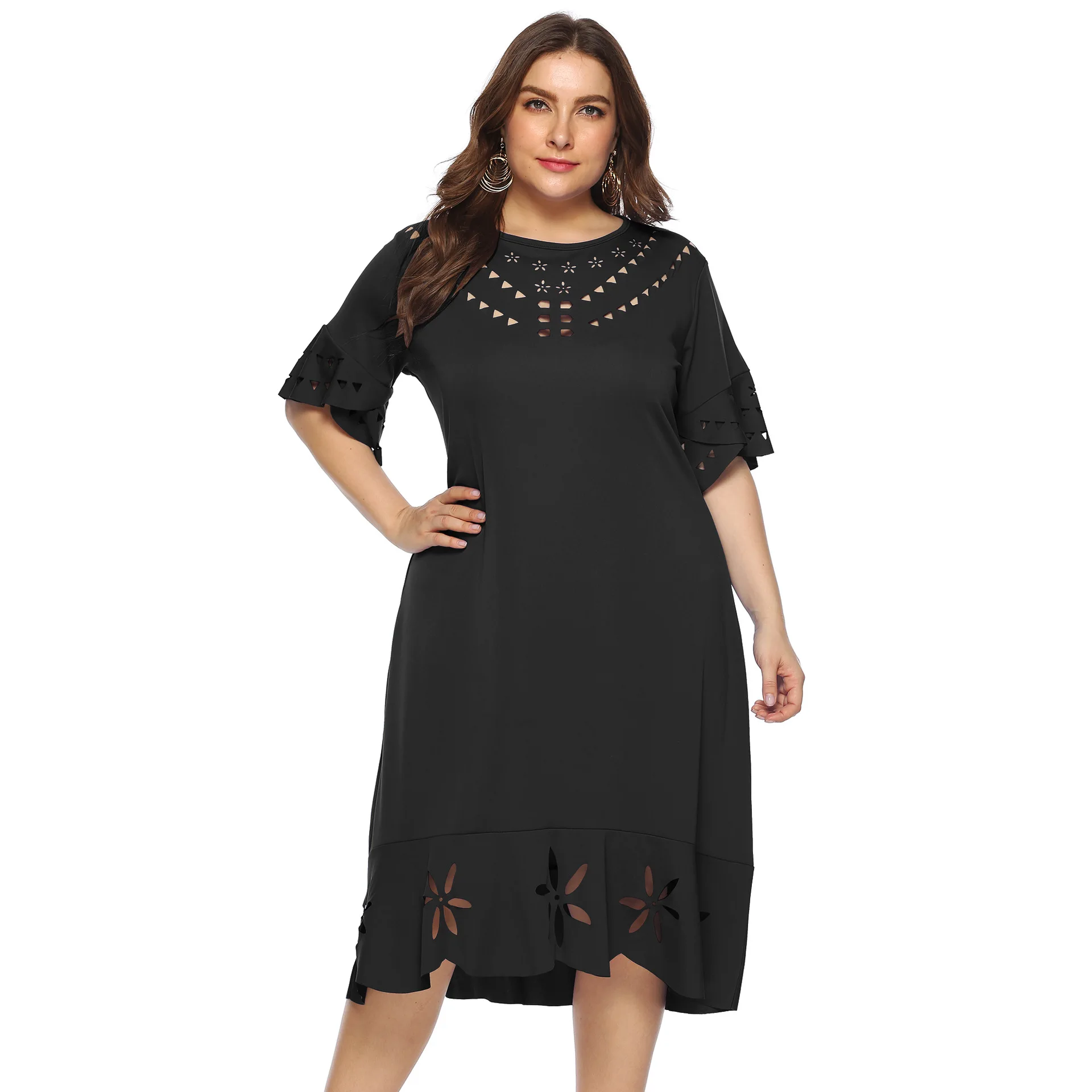 

V Neck Fashion Youth Dress Hot Sale Round Neck Solid Color Black Slim Fit Large Size Spot Lady Hollow Short Sleeves Robe Longue