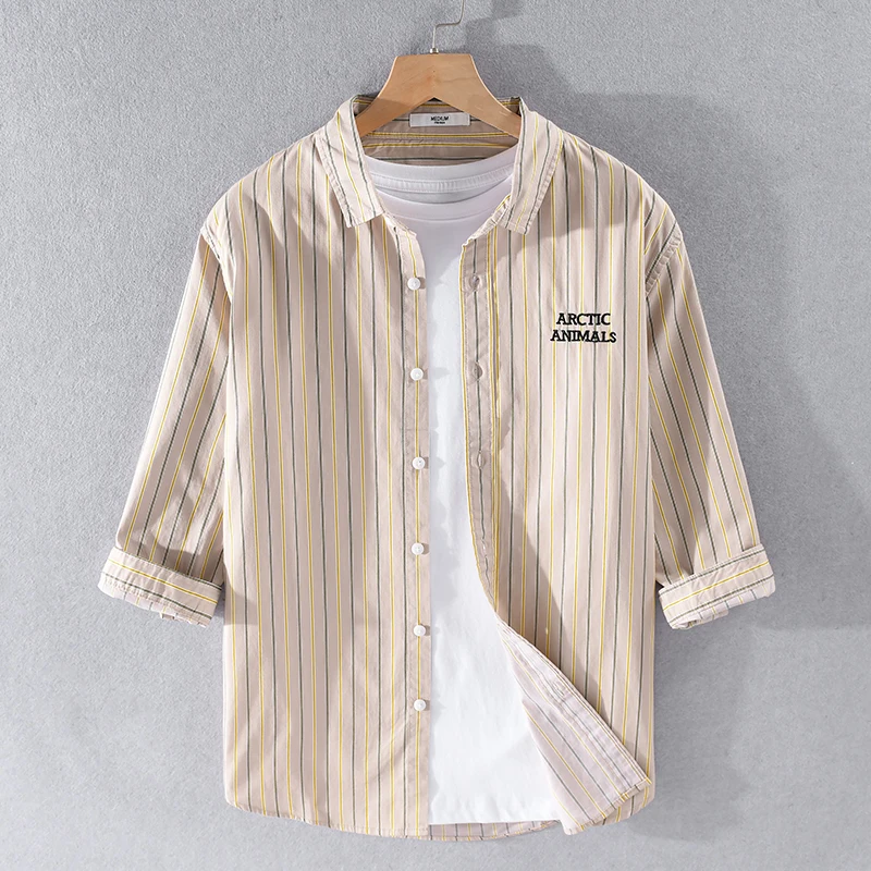 

Новинка, полосатая рубашка из чистого хлопка с рукавом три четверти, мужские брендовые модные мужские рубашки, Повседневная Удобная рубашк...