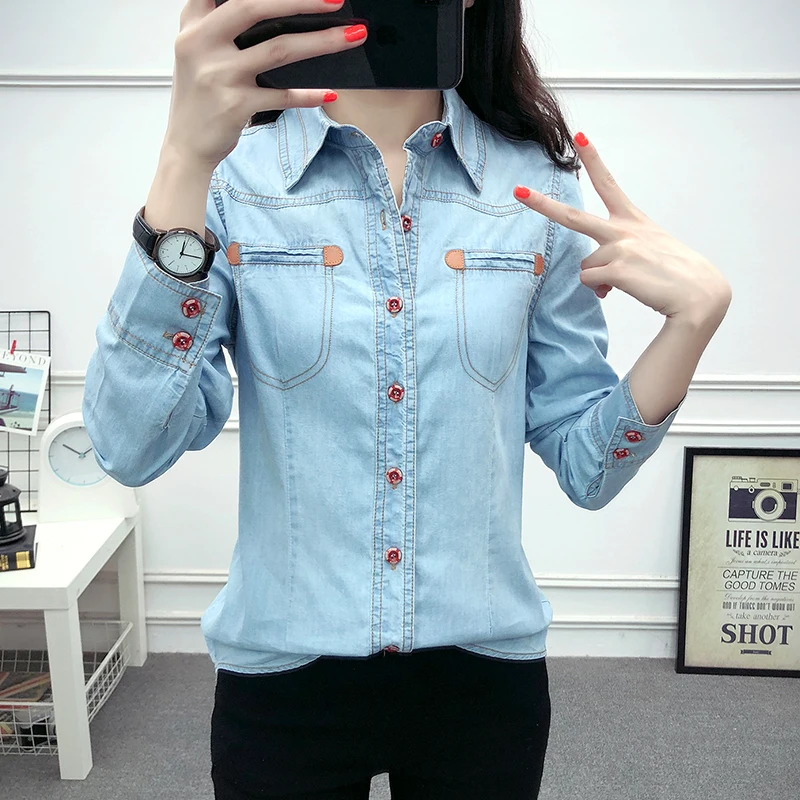 

Casual Streetwear Denim Tops For Women Spring Autumn Long Sleeve Cowboy Shirts Female Loose Blue Button Up Chemise Jeans Femme