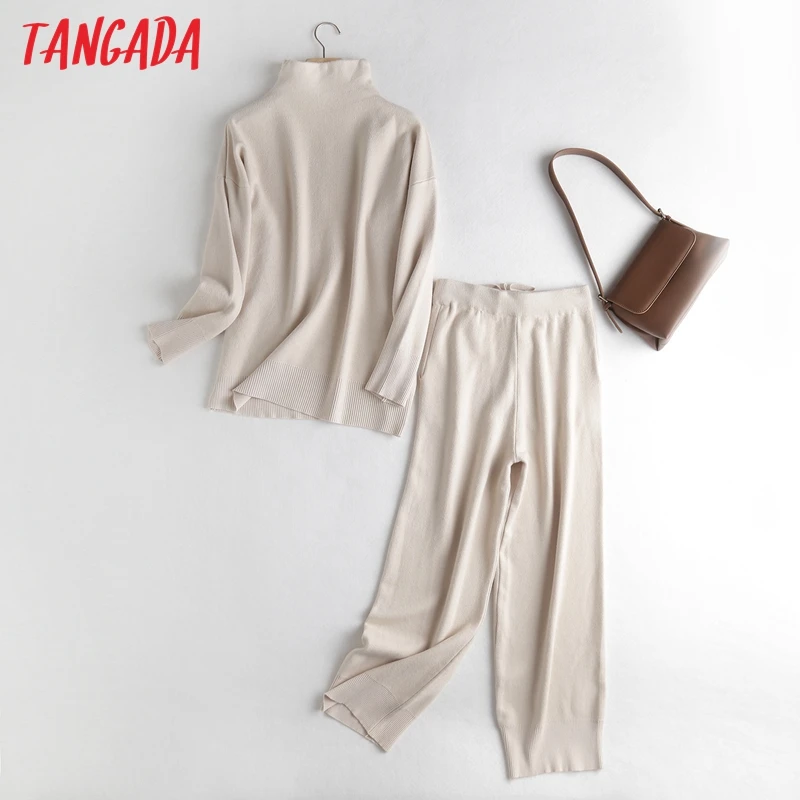 

Tangada 2020 Winter Women Gray Turtleneck Jumper Knit Suit 2 Pieces Sets Pullovers Long Knitted Wide Leg Pants Suits 5M21