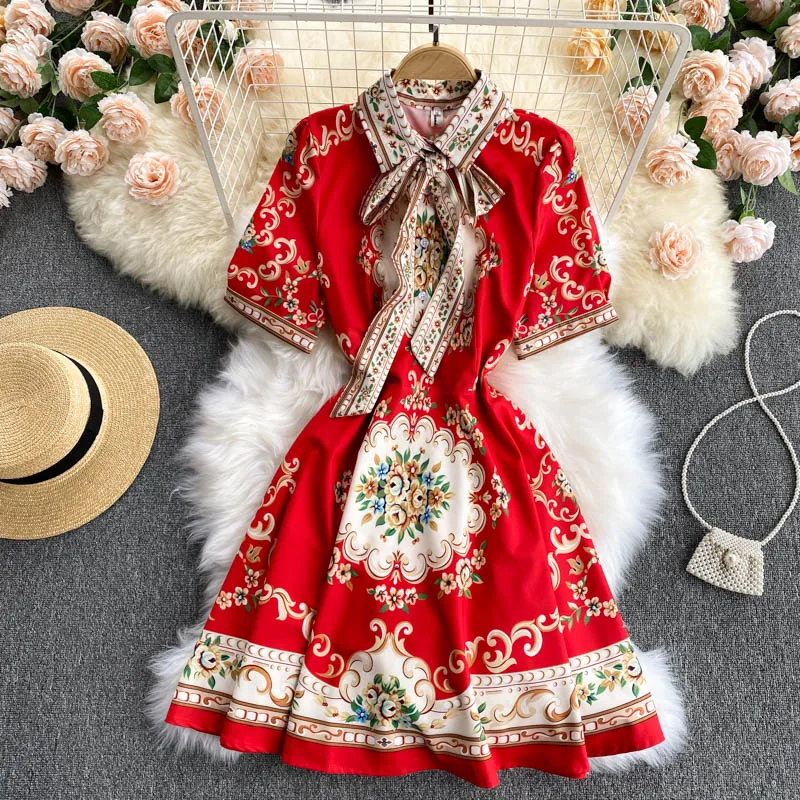 

FMFSSOM Retro Elegant Palace Style Mini Dress Summer Belt Waist Red Short Sleeve Notched Jacquard Birthday Dress for Women