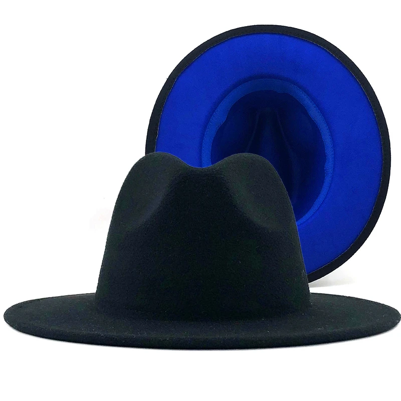 

black with blue Bottom Patchwork Panama Wool Felt Jazz Fedora Hats Women Men 7.5CM Wide Brim Party Cowboy Trilby Gambler Hat