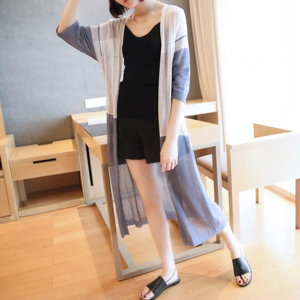 Контрастный шелковый длинный вязаный кардиган для женщин три четверти тонкий