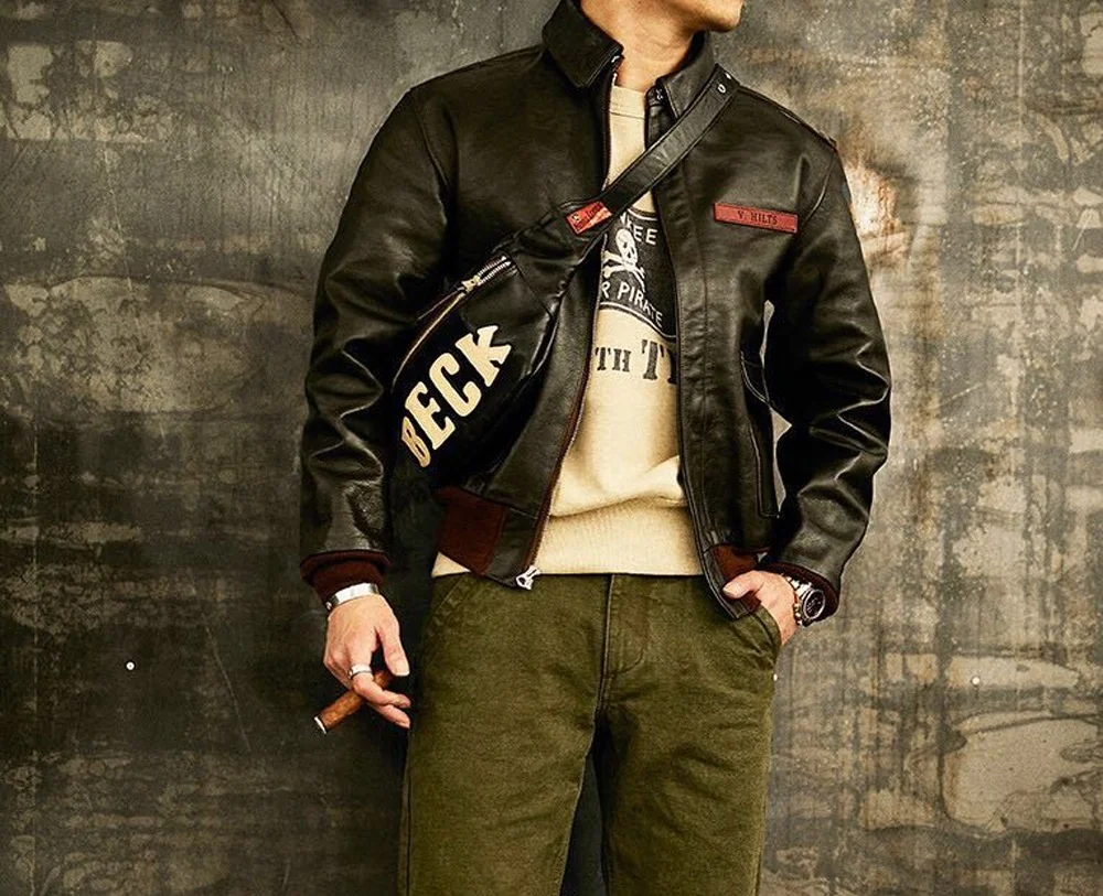 

Free shipping.Luxury tanned 1.4mm thick cowhide A2 jacket.Classic vintage Flight leather coat.quality black leather vlothes