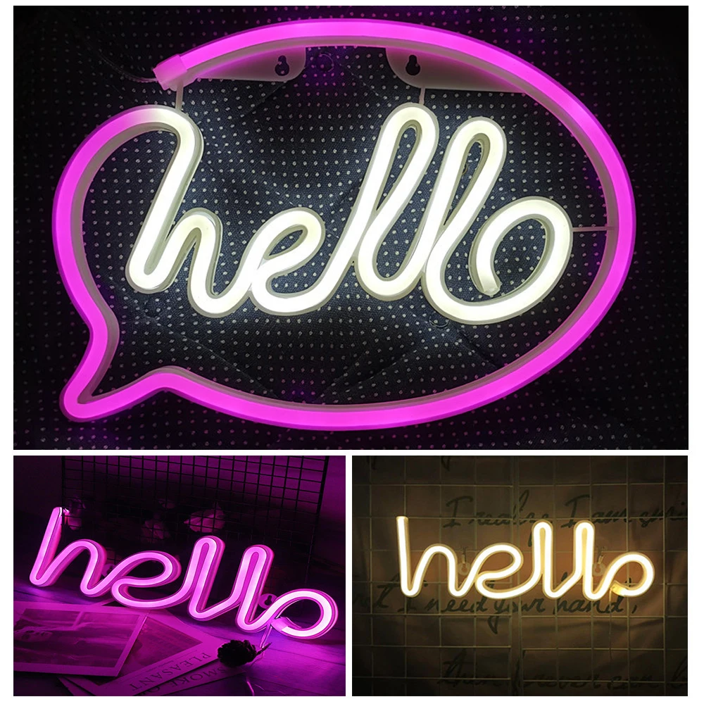 LED Hello Neon Sign Light Letters Neon Decorations Lamp Panel for Holiday Christmas Party Wedding Room Decor 2020 Wall Lamp