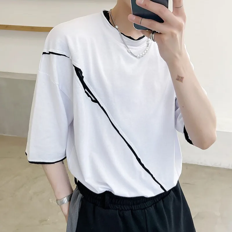 

IEFB Men's Clothing Niche Color Contrast Stitching Short-sleeve Men's Causal Loose Fashion Tee Black White 2021 New Tops 9Y7083