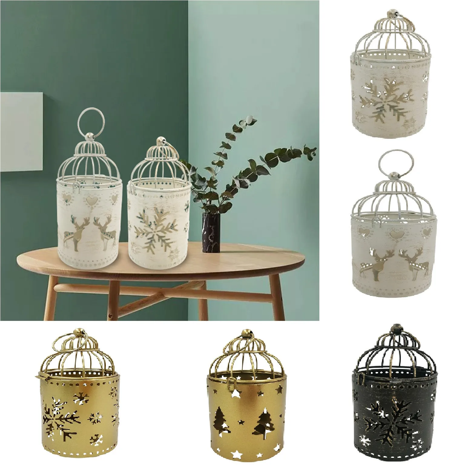 

1pcs Christmas Metal Hanging Candle Holder Hanging Birdcage Lantern Elk Snowflake Hollow Candle Holder Ornaments Home Decoration