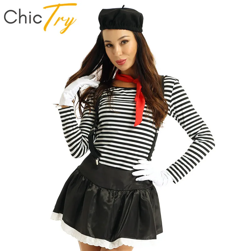 Женский полосатый топ юбка с подтяжками и перчатками костюм для пантомимы