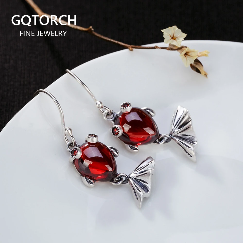

925 Sterling Silver Red Garnet Fish Earrings For Women Ethnic Dangle Goldfish Earrings With Natural Stones Fine Jewelry