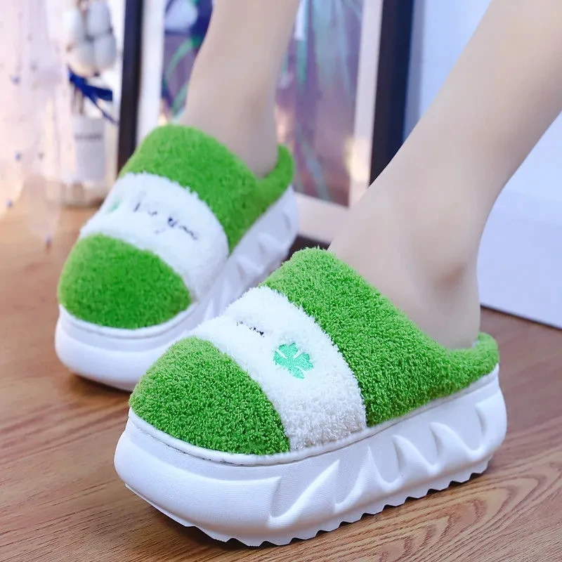 Green Leaf Thick Sole Furry Slippers Girls Indoor Flip Flop Winter Slides Fuzzy Slippers Woman Platform Home Shoes Warm Slippers