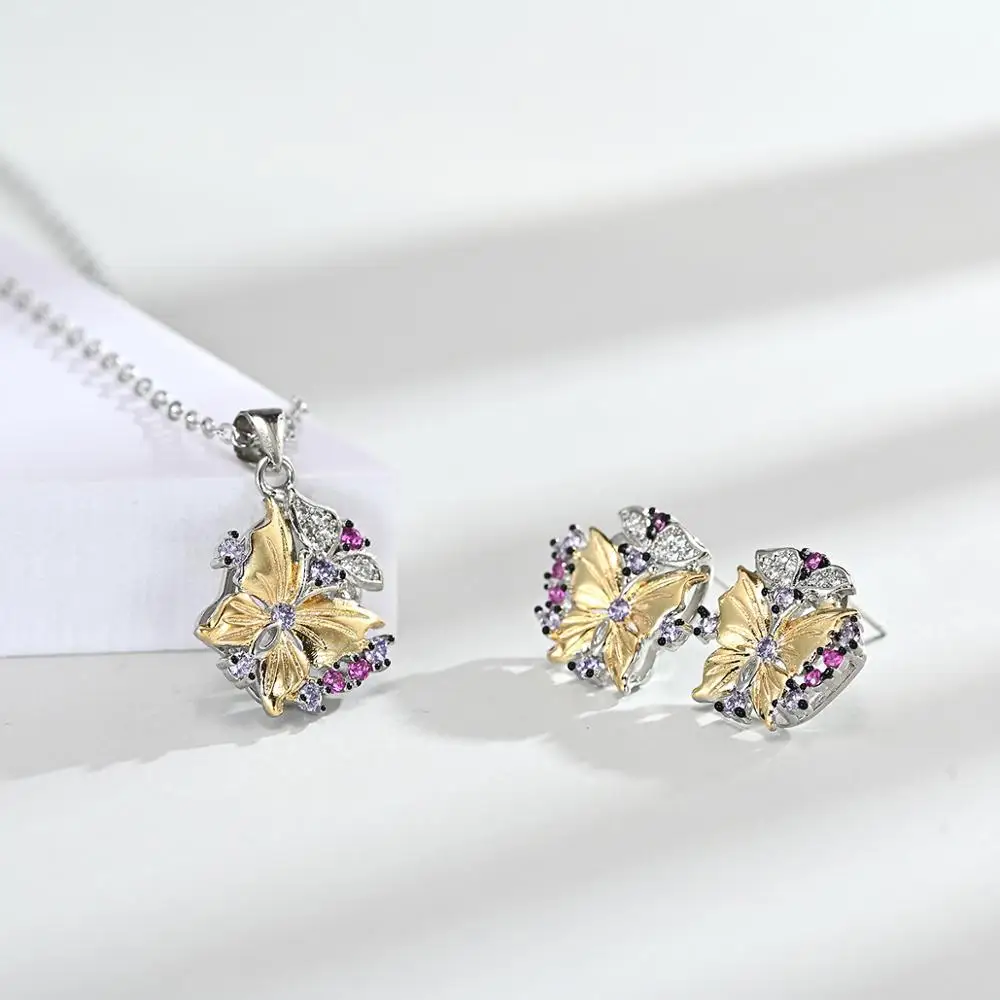 

Vintage 18K Gold Two Color Butterfly Pendants Necklaces Earrings Set Banquet Wedding Fashion Jewelry For Women 2021 Trend
