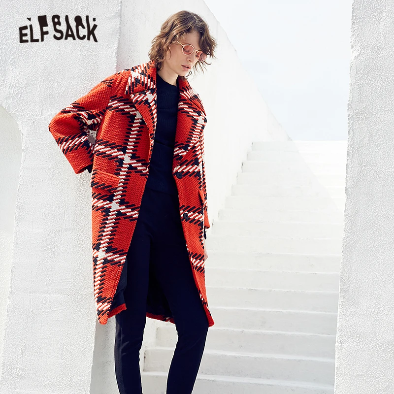 Женское длинное пальто ELFSACK клетчатое теплое шерстяное в английском стиле на