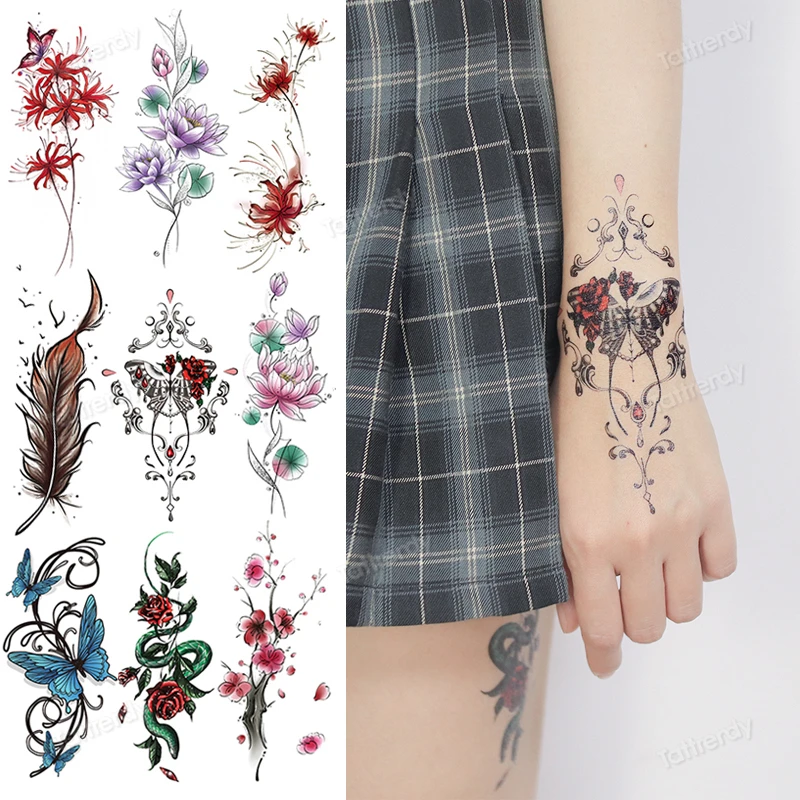 

Daisy Blossom Lily Flower Temporary Tattoos For Women Adults Rose Lotus Tattoo Sticker Fake Sleeve Watercolor Arm Tatoos Hand