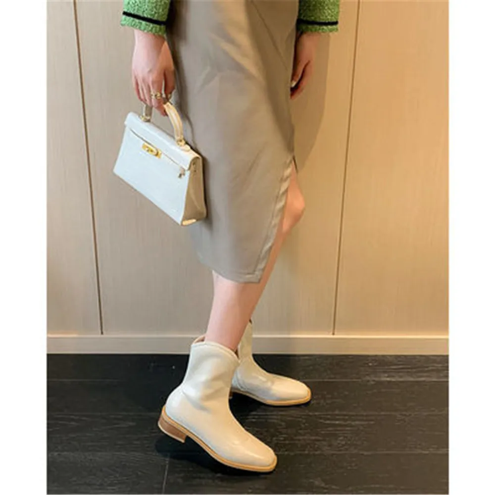 

Fashion Women Leather Chelsea Booties Thick Heel Platforms Zipper Ankle Boots Female Square Toe Shoes Ladies Botas Mujer 35-40