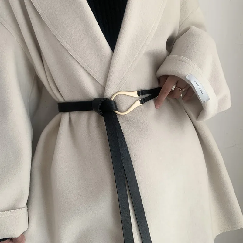 

Wild Women Belt U-shaped Metal Buckle Thin Belts Soft PU Leather Double Layer Waistband Female Ladies Knotted Long Straps
