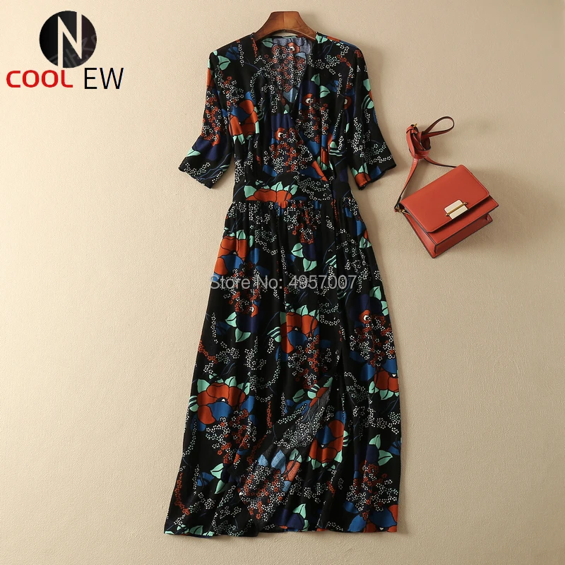 

Viscose 100% Women Wrap V Neck Print Button Front Midi Dress