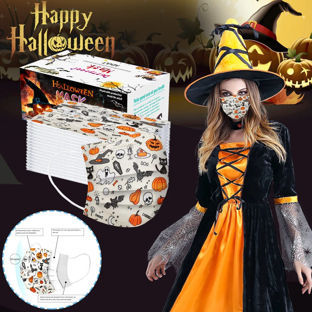 

50pcs headdress for Adults Halloween printed Disposable 3Ply Ear Loop Face Mascarilla mascarilas windproof Breathable Maks 2020