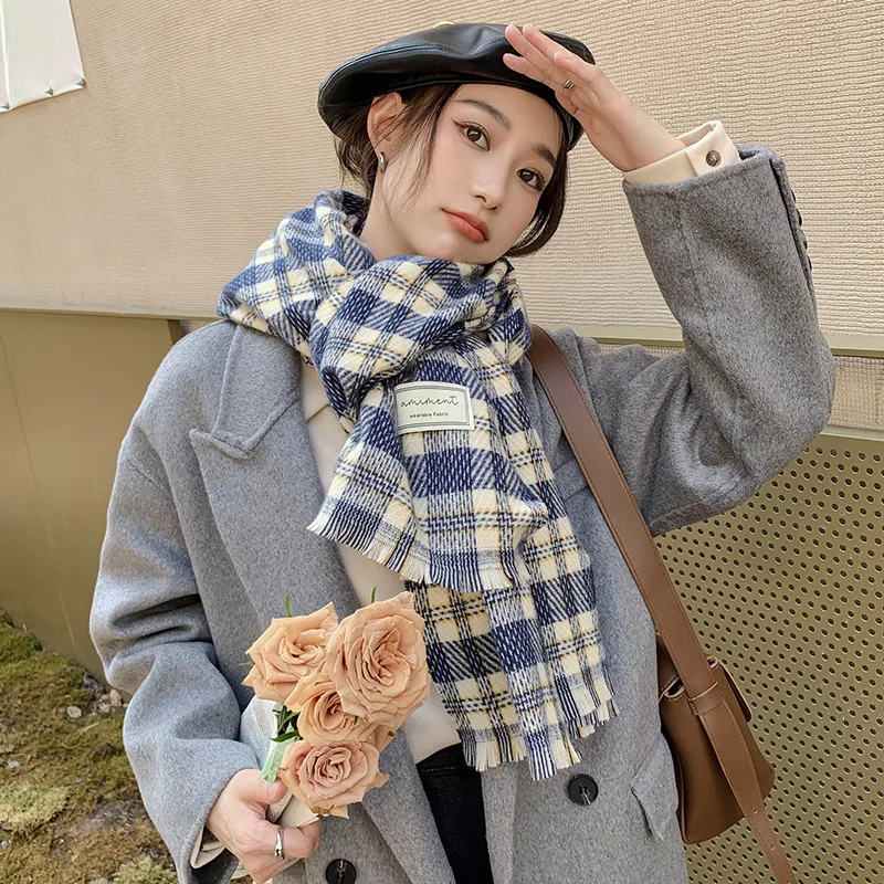 

2021 autumn winter new imitation cashmere Plaid Korean scarf women's warm thickened shawl students' bib with long style outside